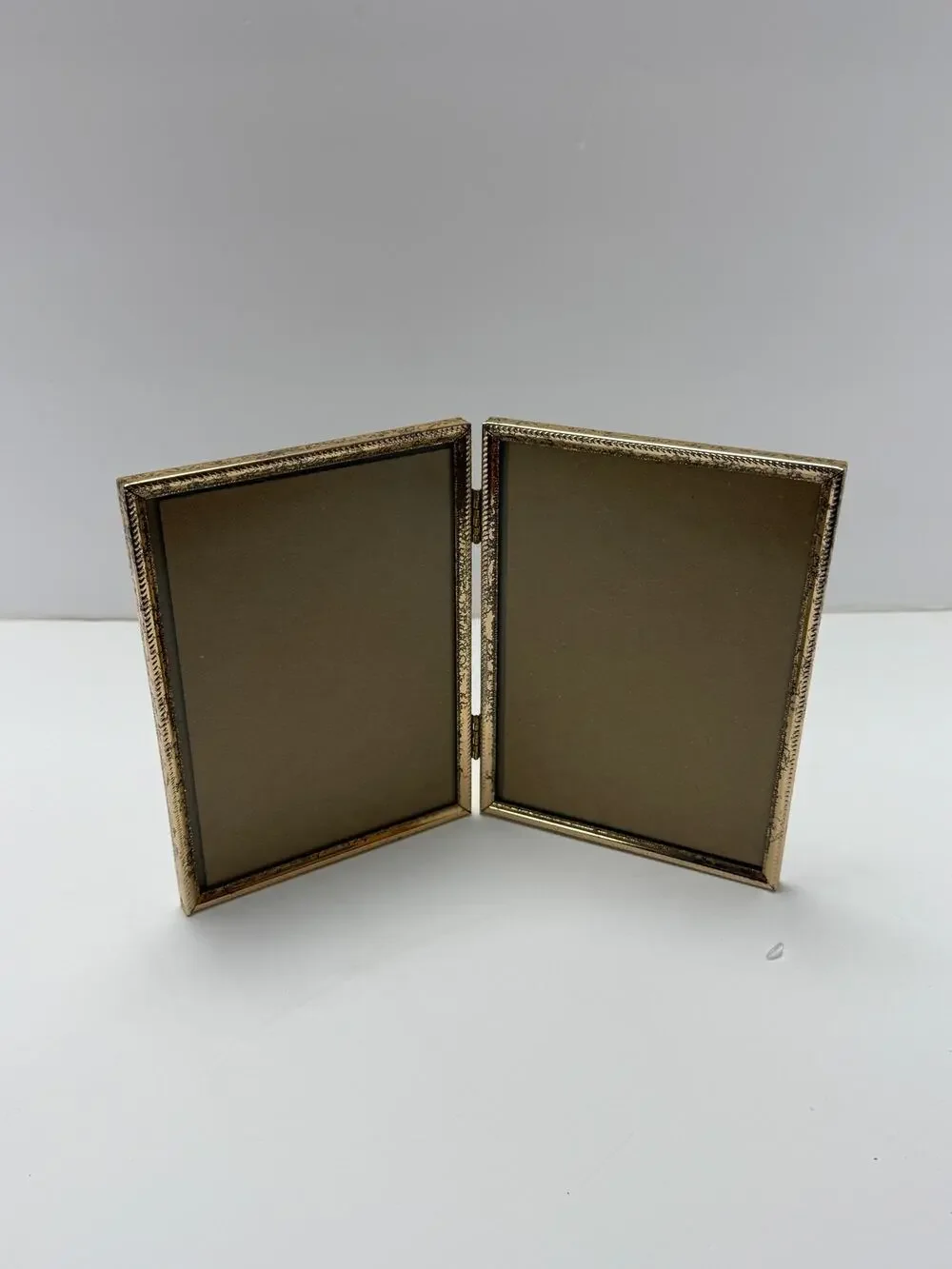 Vintage Gold Tone Double Picture Frame Hinged Folding Bi Fold Photo Display